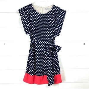 Eliza J Women’s Navy Blue & White Polka Dot Tie Waist Sleeveless Dress size 14